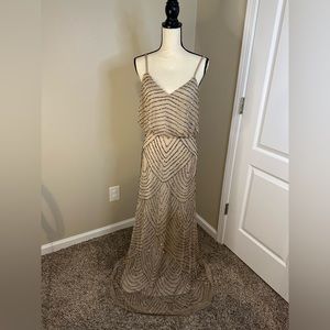 Adrianna Papell Art Deco Beaded Blouson Gown in Champagne with Gunmetal Beading